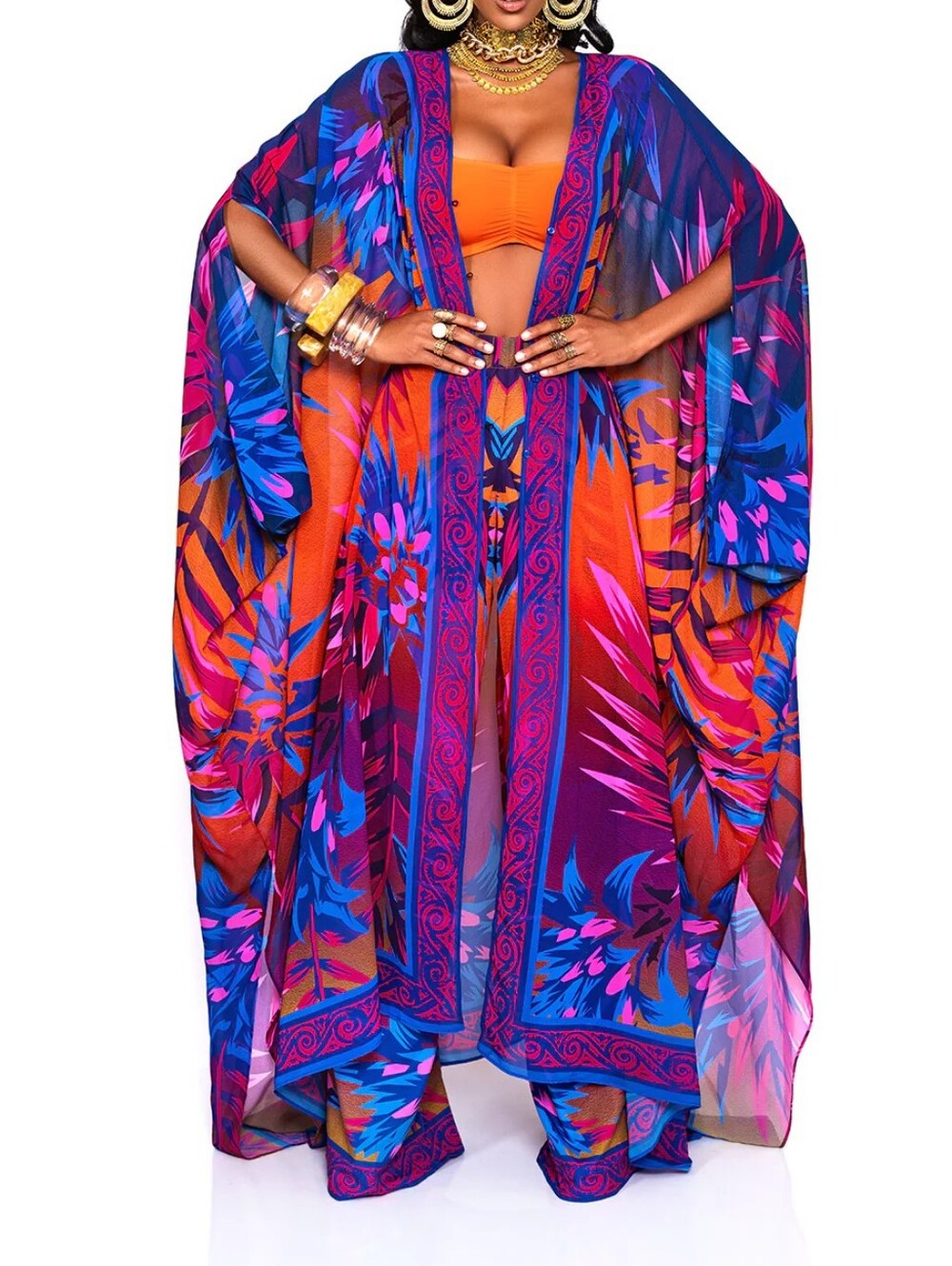 Vibrant Orange & Blue Floral Maxi Kaftan Dress